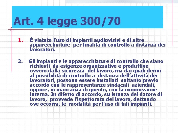 Art. 4 legge 300/70 1. È vietato l’uso di impianti audiovisivi e di altre