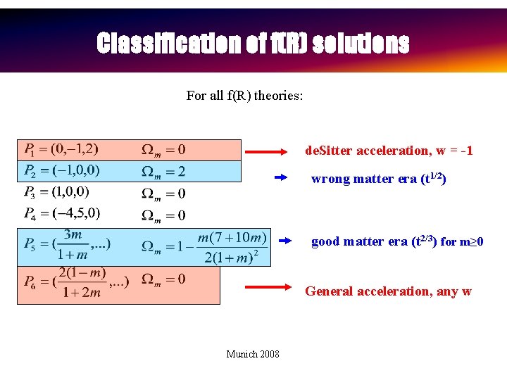 Classification of f(R) solutions For all f(R) theories: de. Sitter acceleration, w = -1