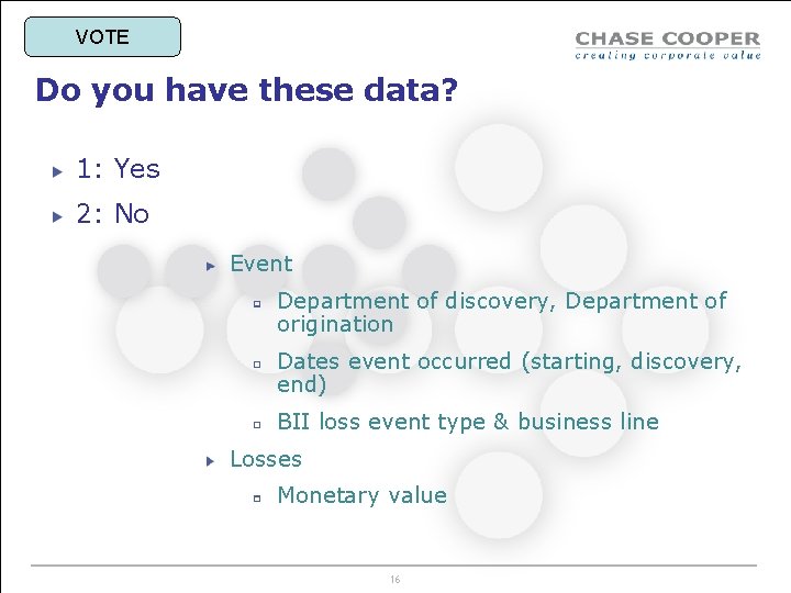 VOTE Do you have these data? 1: Yes 2: No Event Department of discovery,