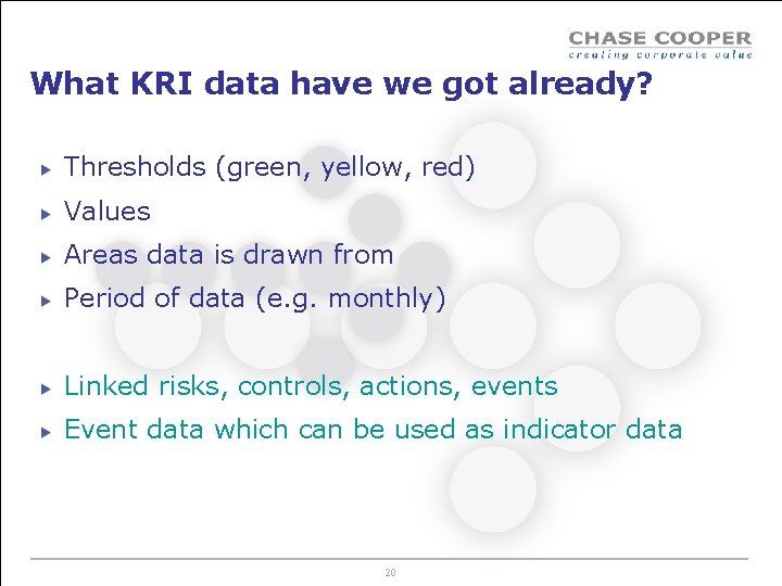 What KRI data have we got already? Thresholds (green, yellow, red) Values Areas data