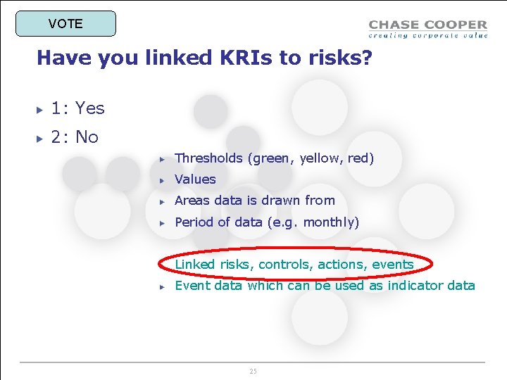VOTE Have you linked KRIs to risks? 1: Yes 2: No Thresholds (green, yellow,