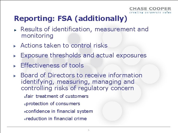 Reporting: FSA (additionally) Results of identification, measurement and monitoring Actions taken to control risks