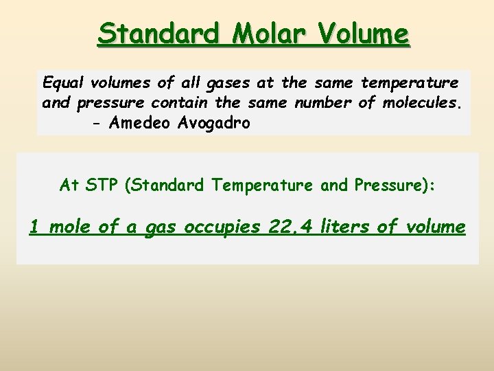 Standard Molar Volume Equal volumes of all gases at the same temperature and pressure