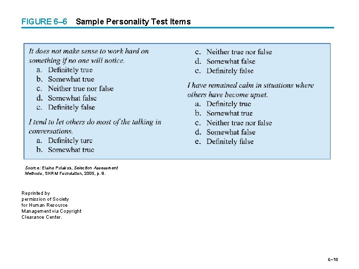 FIGURE 6– 6 Sample Personality Test Items Source: Elaine Pulakos, Selection Assessment Methods, SHRM