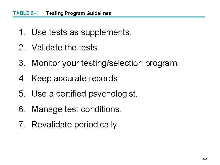 TABLE 6– 1 Testing Program Guidelines 1. Use tests as supplements. 2. Validate the