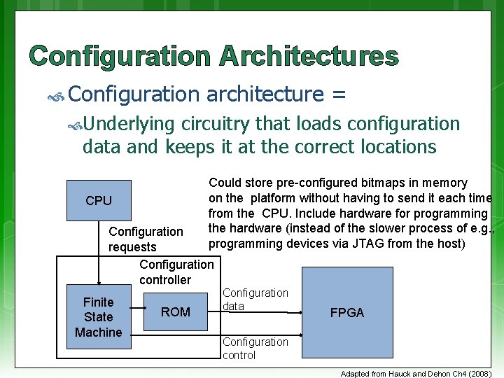 Configuration Architectures Configuration architecture = Underlying circuitry that loads configuration data and keeps it