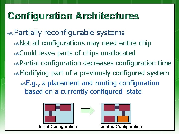 Configuration Architectures Partially reconfigurable systems Not all configurations may need entire chip Could leave