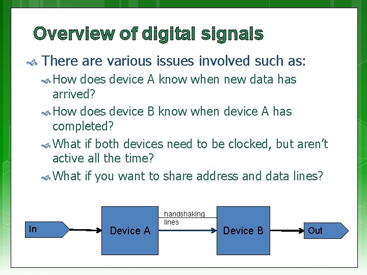 Overview of digital signals There are various issues involved such as: How does device