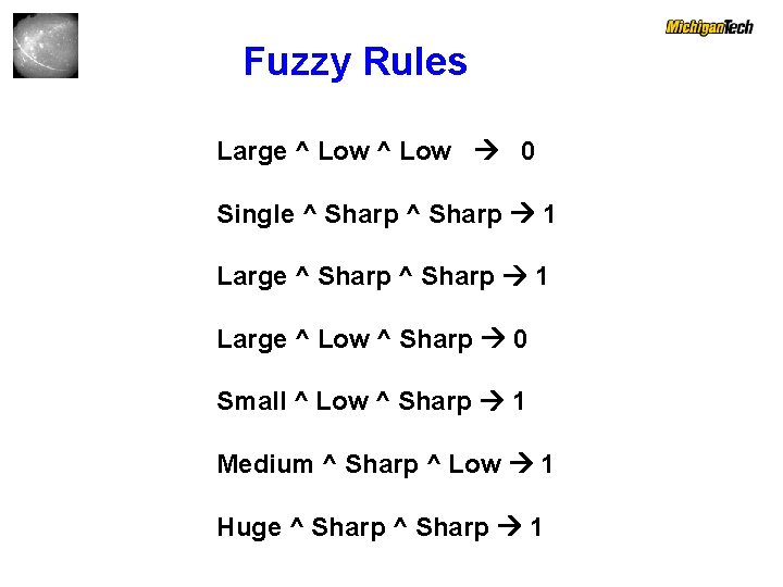 Fuzzy Rules Large ^ Low 0 Single ^ Sharp 1 Large ^ Low ^