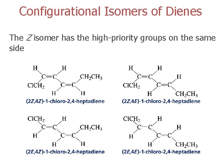 Configurational Isomers of Dienes The Z isomer has the high-priority groups on the same