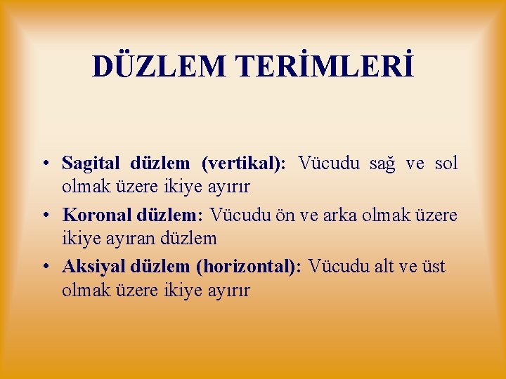 DÜZLEM TERİMLERİ • Sagital düzlem (vertikal): Vücudu sağ ve sol olmak üzere ikiye ayırır