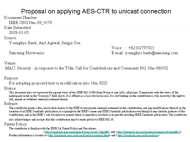 Proposal on applying AESCTR to unicast connection Document