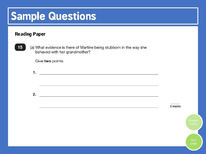 Sample Questions Reading Paper chapter menu next page 