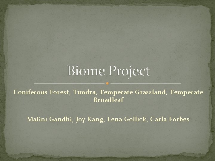 Biome Project Coniferous Forest, Tundra, Temperate Grassland, Temperate Broadleaf Malini Gandhi, Joy Kang, Lena