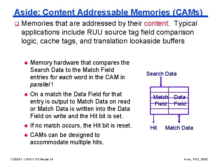 Aside: Content Addressable Memories (CAMs) q Memories that are addressed by their content. Typical
