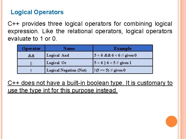 Logical Operators C++ provides three logical operators for combining logical expression. Like the relational