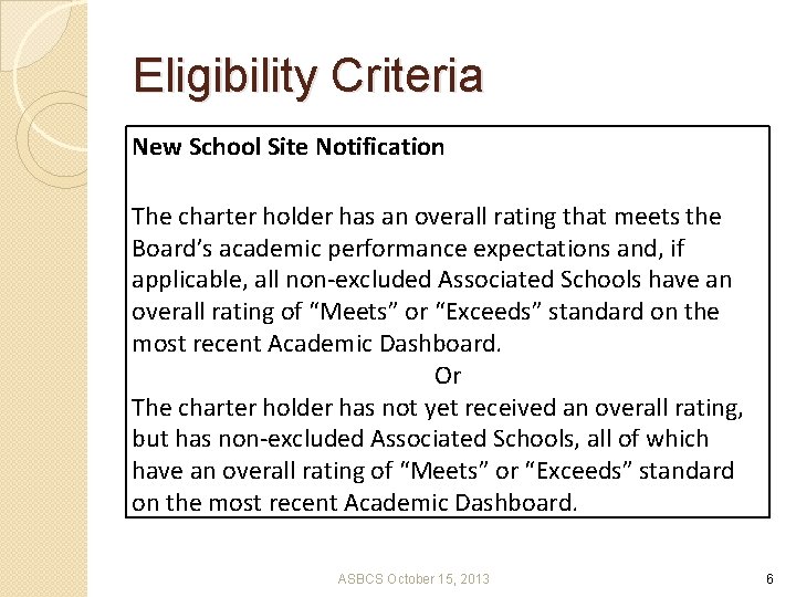 Eligibility Criteria New School Site Notification The charter holder has an overall rating that