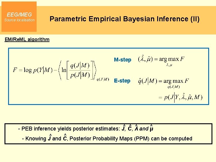 EEG/MEG Source localisation Parametric Empirical Bayesian Inference (II) EM/Re. ML algorithm M-step E-step ^