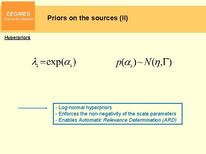 EEG/MEG Source localisation Priors on the sources (II) Hyperpriors - Log-normal hyperpriors - Enforces