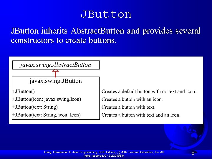 JButton inherits Abstract. Button and provides several constructors to create buttons. Liang, Introduction to