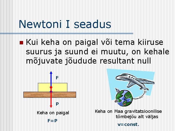 Newtoni I seadus n Kui keha on paigal või tema kiiruse suurus ja suund