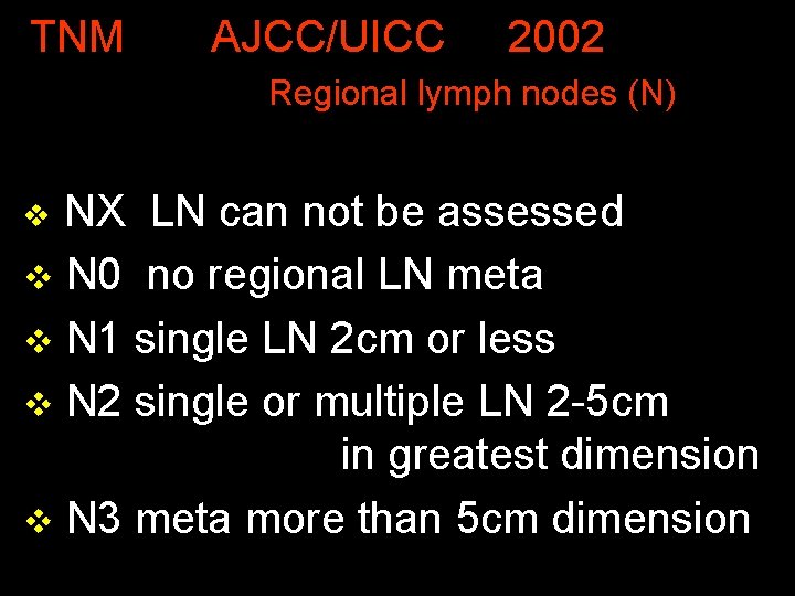 TNM AJCC/UICC 2002 Regional lymph nodes (N) NX LN can not be assessed v
