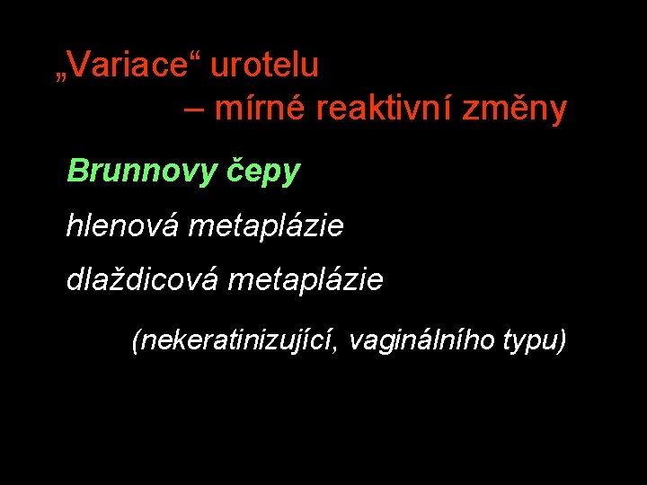 „Variace“ urotelu – mírné reaktivní změny Brunnovy čepy hlenová metaplázie dlaždicová metaplázie (nekeratinizující, vaginálního