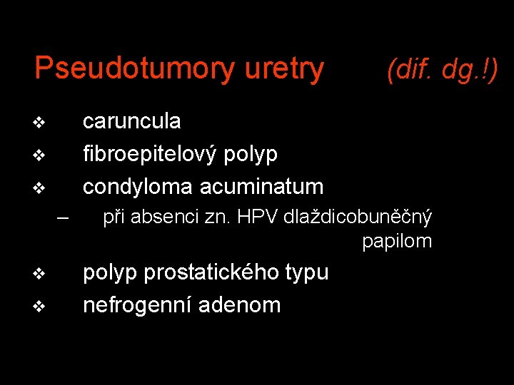 Pseudotumory uretry caruncula fibroepitelový polyp condyloma acuminatum v v v – v v (dif.