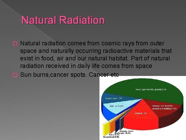 Natural Radiation Natural radiation comes from cosmic rays from outer space and naturally occurring