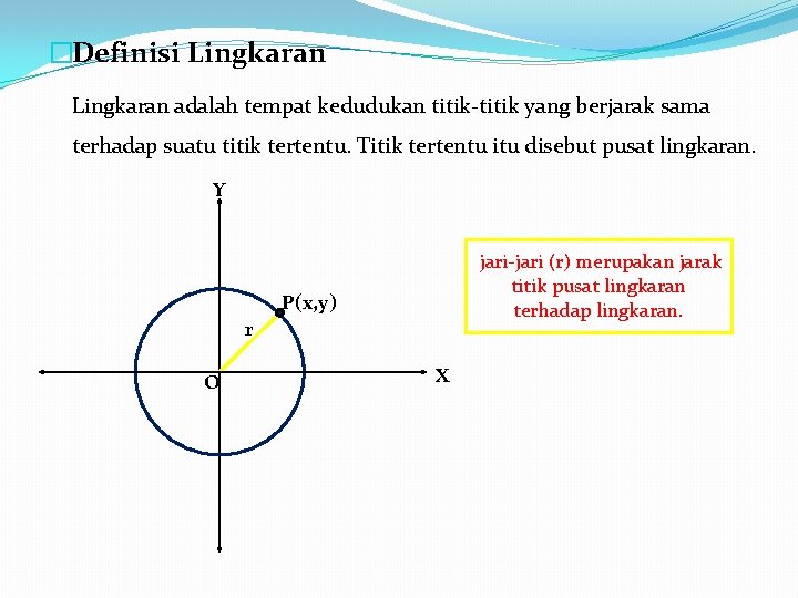 �Definisi Lingkaran adalah tempat kedudukan titik-titik yang berjarak sama terhadap suatu titik tertentu. Titik