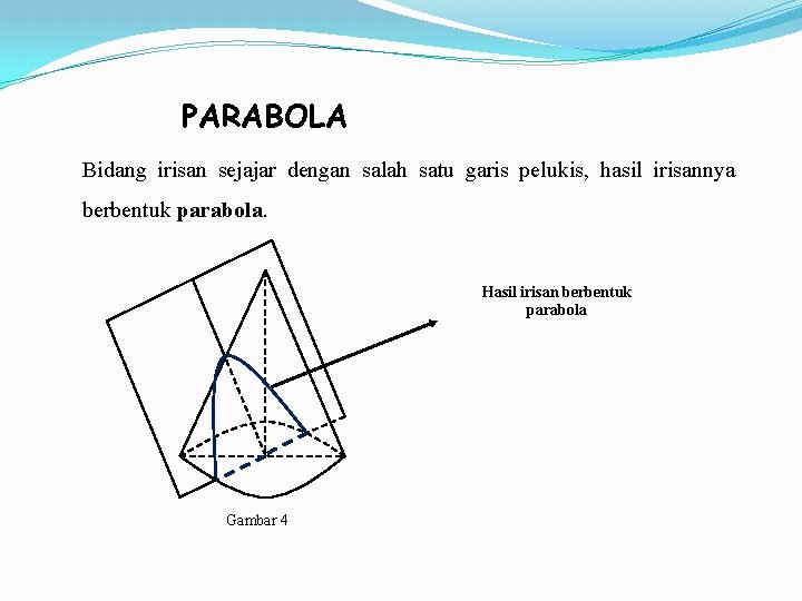 PARABOLA Bidang irisan sejajar dengan salah satu garis pelukis, hasil irisannya berbentuk parabola. Hasil