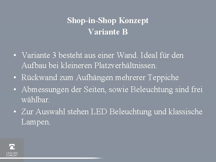 Shop-in-Shop Konzept Variante B • Variante 3 besteht aus einer Wand. Ideal für den
