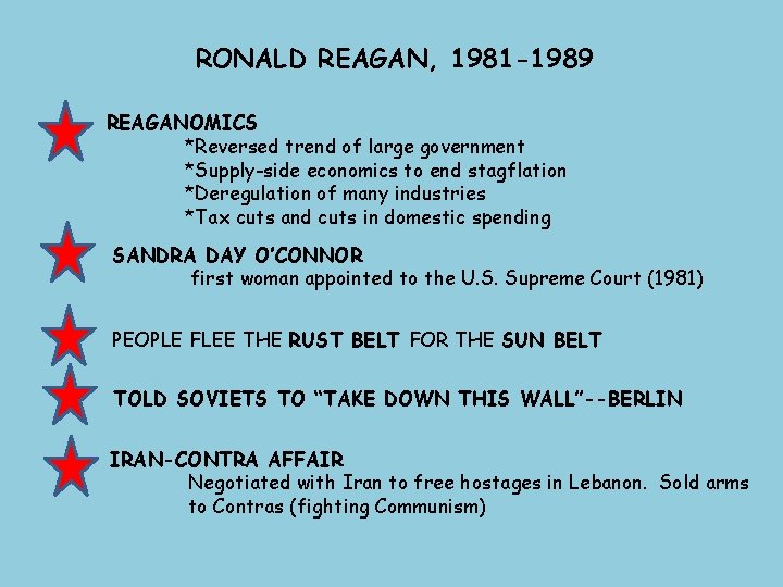 RONALD REAGAN, 1981 -1989 REAGANOMICS *Reversed trend of large government *Supply-side economics to end
