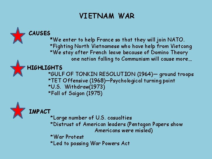 VIETNAM WAR CAUSES *We enter to help France so that they will join NATO.