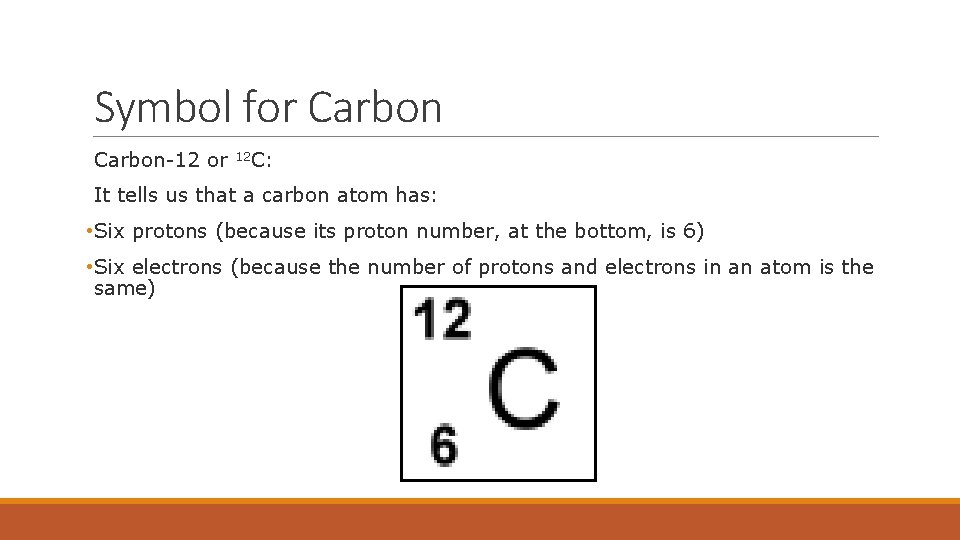 Symbol for Carbon-12 or 12 C: It tells us that a carbon atom has: