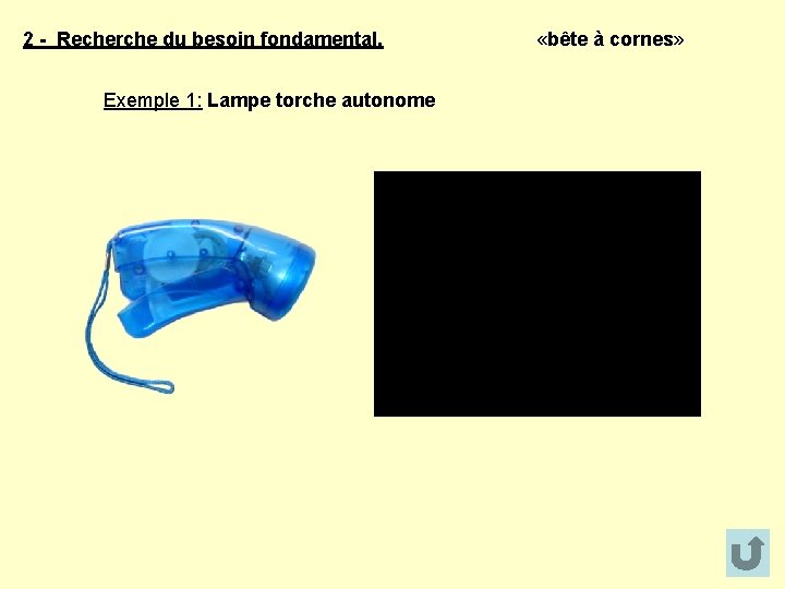 2 - Recherche du besoin fondamental. Exemple 1: Lampe torche autonome «bête à cornes»