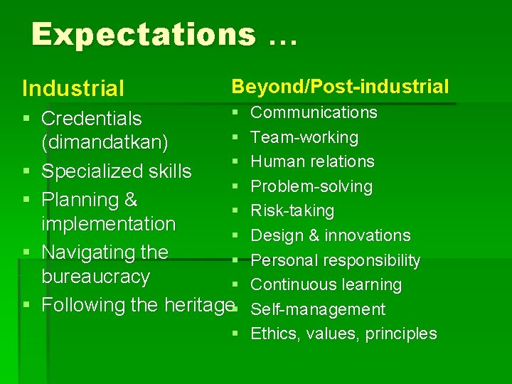 Expectations … Industrial Beyond/Post-industrial § § Credentials § (dimandatkan) § § Specialized skills §