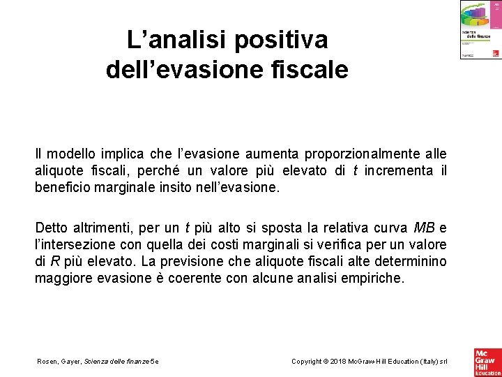 L’analisi positiva dell’evasione fiscale Il modello implica che l’evasione aumenta proporzionalmente alle aliquote fiscali,