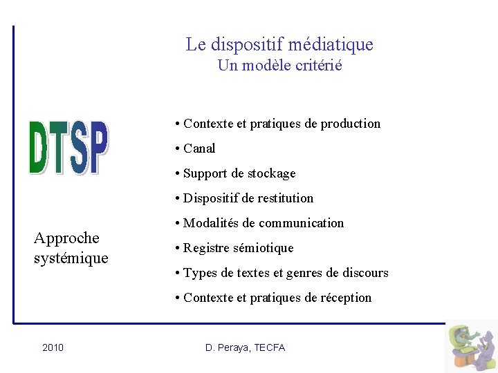 Le dispositif médiatique Un modèle critérié • Contexte et pratiques de production • Canal