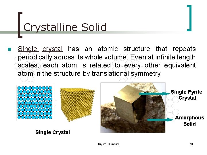 Crystalline Solid n Single crystal has an atomic structure that repeats periodically across its