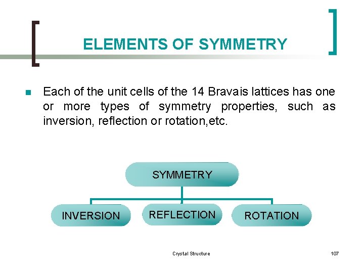 ELEMENTS OF SYMMETRY n Each of the unit cells of the 14 Bravais lattices