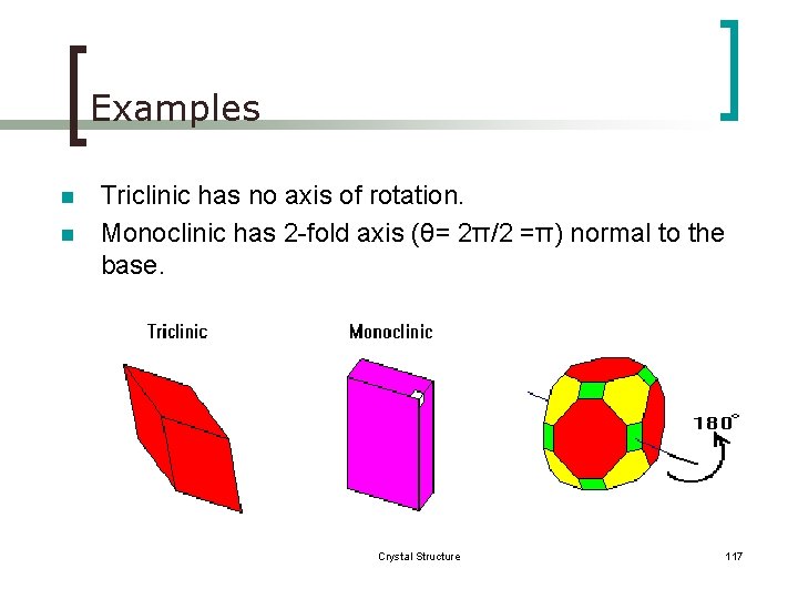 Examples 90° n n Triclinic has no axis of rotation. Monoclinic has 2 -fold