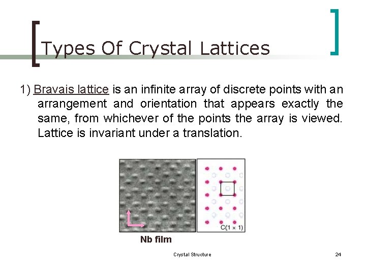Types Of Crystal Lattices 1) Bravais lattice is an infinite array of discrete points