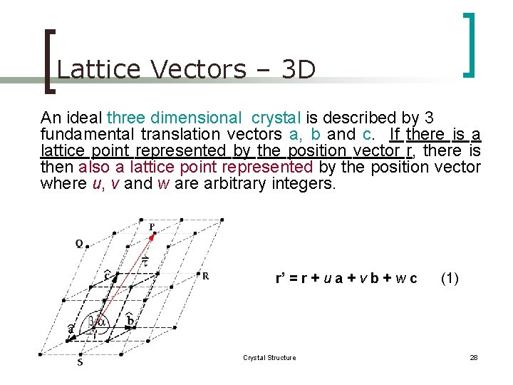Lattice Vectors – 3 D An ideal three dimensional crystal is described by 3