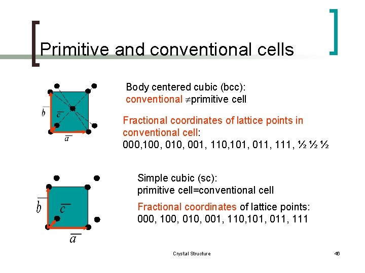 Primitive and conventional cells Body centered cubic (bcc): conventional ¹primitive cell Fractional coordinates of