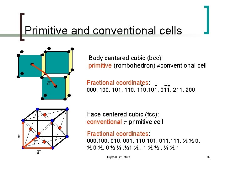Primitive and conventional cells Body centered cubic (bcc): primitive (rombohedron) ¹conventional cell Fractional coordinates: