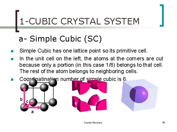 1 -CUBIC CRYSTAL SYSTEM a- Simple Cubic (SC) n n n Simple Cubic has