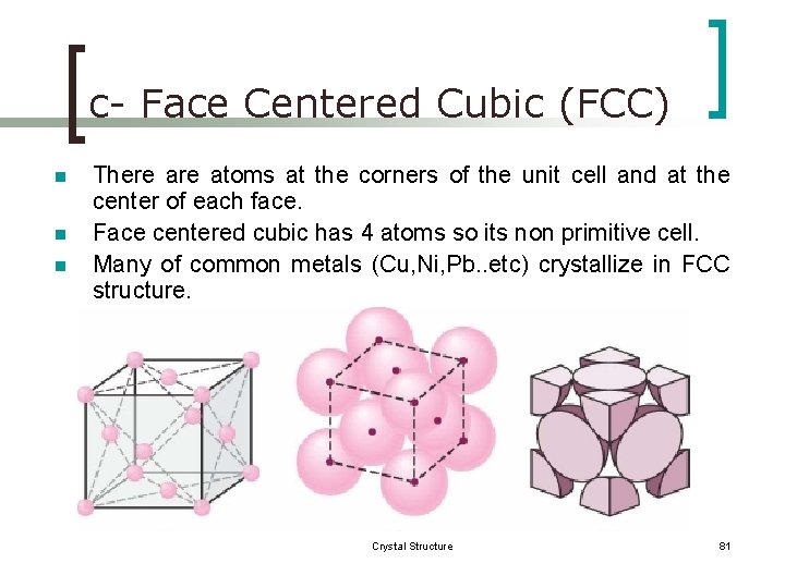 c- Face Centered Cubic (FCC) n n n There atoms at the corners of