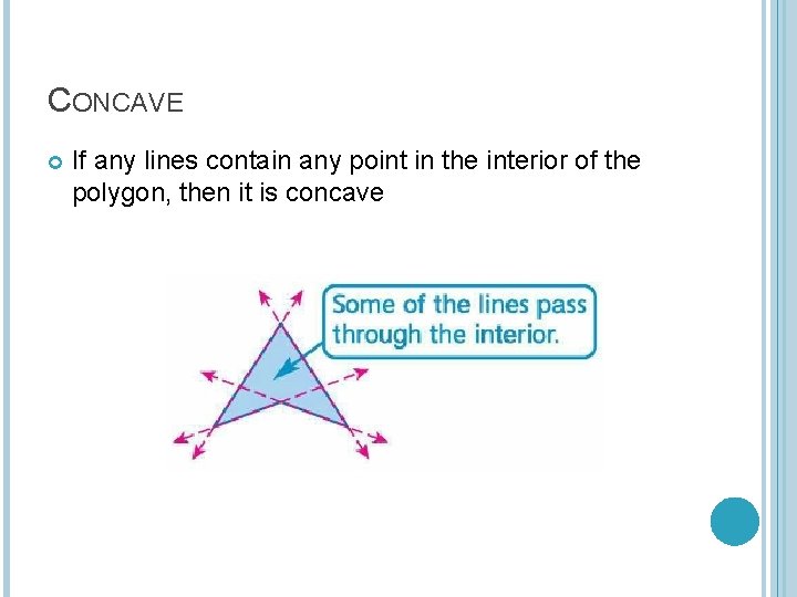 CONCAVE If any lines contain any point in the interior of the polygon, then