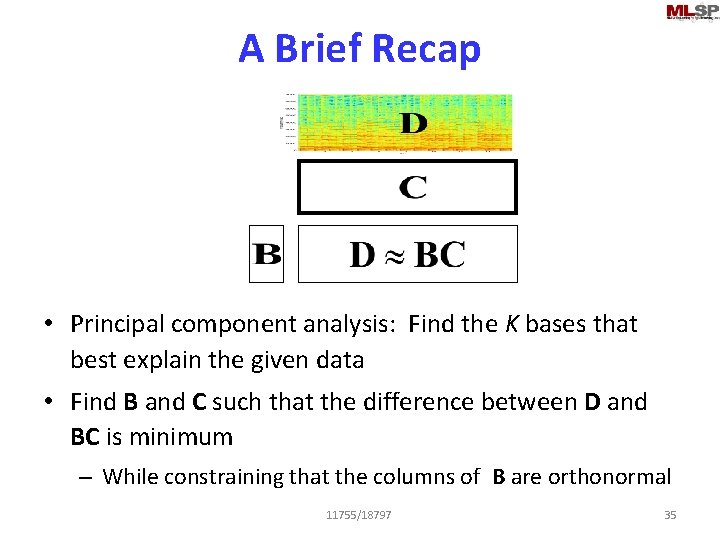 A Brief Recap • Principal component analysis: Find the K bases that best explain